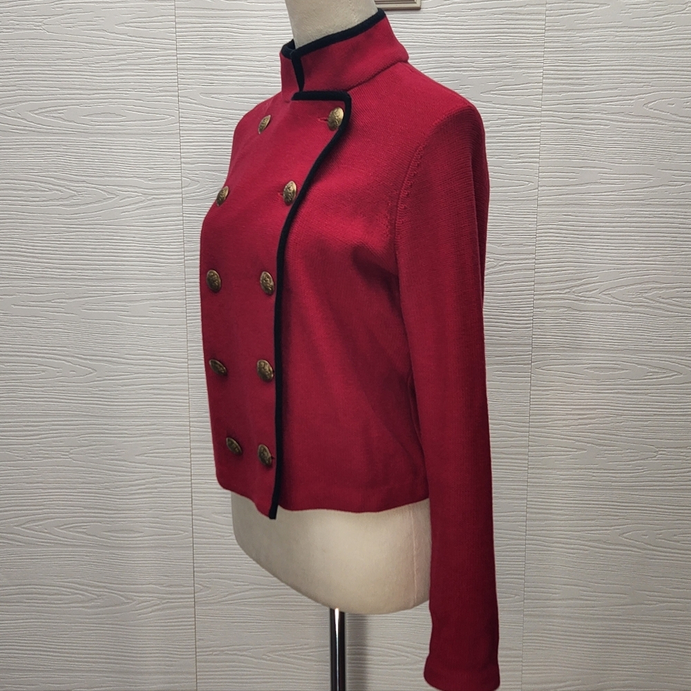 Lauren RALPH LAUREN RED Sweater Military BLAZER JACKET Sz M Gold Button Holiday - Picture 3 of 10